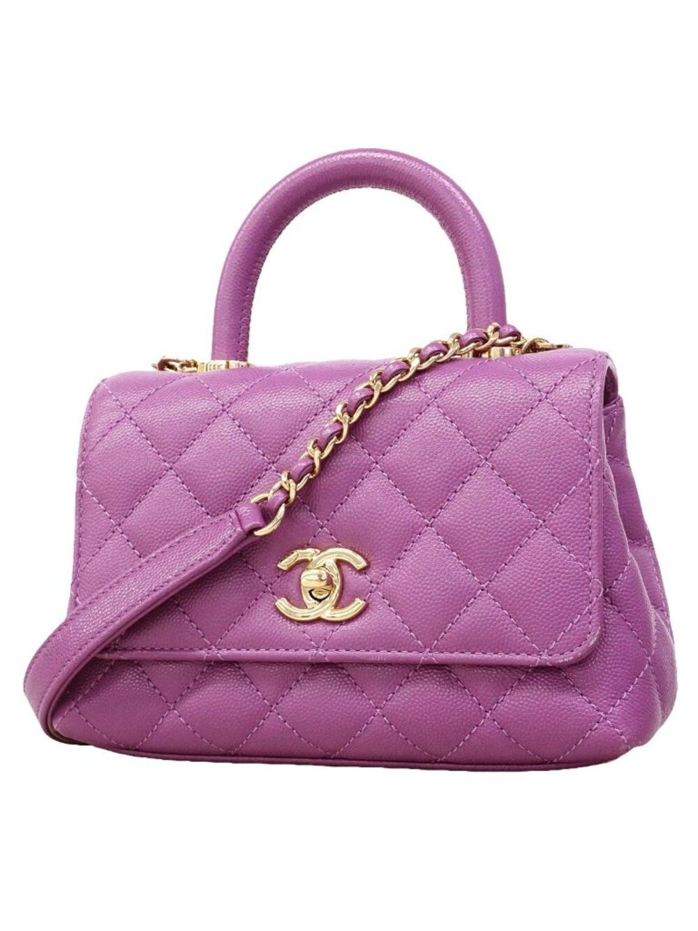Chanel Handbag Quilted Coco Handle Caviar Leather Purple Gold 2-Way